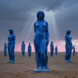 a field of many giant blue marble large statues of woman in a desert in ominous blue light, overcast, godrays and pink light on the horizon by john martin and thomas kinkade