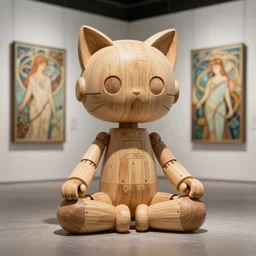 8k octane rendre photorealistic detailed unreal engine,a wooden sculpture art toys on feet very cute robot with cat ears ,zen méditation cyberpunk , a contemporary art gallery art  , cyberpunk ,cgsociety ,by Alphonse Mucha