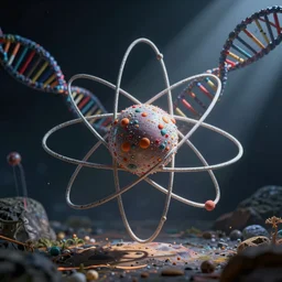 schema of the inner workings of an atom and electron wit DNA