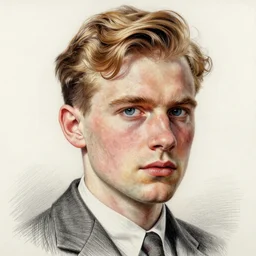 A color pencil drawing portrait of a blond young Irish man with high cheekbones. Good bone structure. Dressed in 1940s style. Highly detailed, fine Art, high detail, great lighting, 8k resolution, masterpiece, concept art, illustration, clear eyes, painting oil on canvas, octane render, HDR, trending on artstation, 4k, 8k, HD