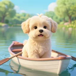 an adorable cute friendly cream colored havanese dog in a rowboat on an idyllic lake, springtime, looking into the camera, sharp focus, pixar disney ghibli 4 k 3 d render funny animation movie oscar winning trending on artstation and behance