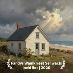 A painting of a cozy cottage with a view of the beach