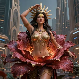 Beautiful 3d render of the flower illuminati queen goddess in a sensual pose, with the third eye on her forehead, atmospheric lighting, painted, intricate, volumetric lighting, beautiful, rich deep colours masterpiece, sharp focus, ultra detailed, in the style of Dan Mumford and marc simonetti, with a crowded futuristic cyberpunk dubai city with tall gothic buildings in the background, astrophotgraphy