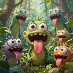 of a sparse and bright jungle with strange cute friendly happy creatures with huge eyes, mouth, long tongues and round teeth appearing from the vegetation, in the style of gehry, macro lens, shallow depth of field, highly detailed, digital painting, trending artstation, concept art, illustration, cinematic lighting, vibrant colors, photorealism, epic, octane render