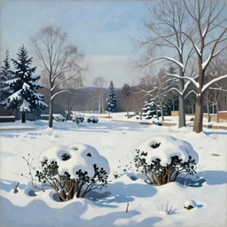 a winter landscape with shrubs and trees on a clear day, in cubism style