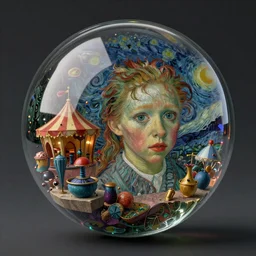 ultra-realist octane render of a floating transparent glass sphere filled with a dark curiosities carnival scene mixed with a 20 year-old girl face portrait made by van gogh, reflection and refraction, symmetry accurate features, very intricate details, artstation