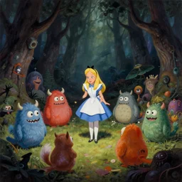 a scene of colorful cartoon monsters in the clearing of a dark fantasy forest surrounded by darkness. hyperrealist illustration. muted colors. 1 9 7 0's pulp science fiction and fantasy cartoon for alice in wonderland and wizard of oz. highly detailed and richly colored painting by don ivan punchatz