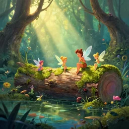 magical swamp, nostalgic disney art, fairies, particles, highly detailed, sun ray highlighting a log, swampy, moss, colorful, disney