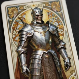 undead king, wearing full plate armor, tarot card, highly detailed, deep focus, elegant, digital painting, smooth, sharp focus, illustration, ultra realistic, 8 k, art by artgerm and alphonse mucha
