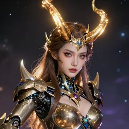 the most beautiful cosmic android robot female devil, long glowing loki like horns, selfie pic by unreal engine