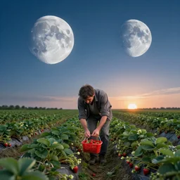 Man harvesting strawberries at the Moon, while Earth is rising at the horizon. Photorealistic, hyperdetailed, 4k.
