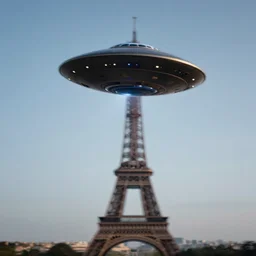 ufo flying in the sky in paris, motion blur, eerie, realtistic