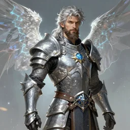 Male Aasimar Paladin with shaggy silver hair, brown scruffy beard, energy wings, epic, striking, fantasy, intricate, elegant, highly detailed, digital painting, artstation, concept art, smooth, sharp focus, illustration, art by Krenz Cushart and Artem Demura and alphonse mucha