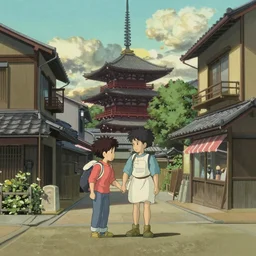 Shibuya with traditional Japanese architecture, scene from a Studio Ghibli movie by Hayao Miyazaki