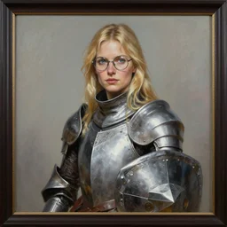 greg manchess oil matte portrait painting, blond female knight with glasses, sword and shield, rectangular frame, wonderful masterpiece highly detailed, scifi, beautiful cinematic light deep focus, elegant, digital painting, smooth, sharp focus, golden ratio, dramatic illumination, ultra realistic, 4 k, art by greg rutkowski wlop rossdraws