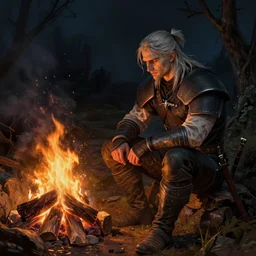 geralt the witcher 3 sitting in front of a campfire at night alone warmth d & d fantasy intricate elegant highly detailed digital painting artstation concept art matte sharp focus illustration hearthstone art by artgerm art by greg rutkowski art by alphonse mucha