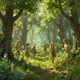 beautiful digital fantasy illustration of the trees of a green woodlands glistens as the morning sun touches its leaves with her gentle rays. dryads of various ages walk through the forest, collecting herbs, flowers, berries, mushrooms, nuts, fruits, and seeds to make into potions by alena aenami and arthur adams, octane render, detail texture, unreal engine, 8 k, ultra hyper realistic quality