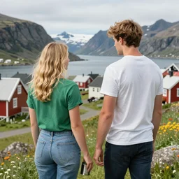 a highly detailed portrait from behind of a young couple, holding a tin can, remote icelandic village, summer, jeans and t shirt, blonde hair, vibrant colors, hyper realistic, extremely realistic, realistic, 8k, by tom bagshaw, trending on artstation,