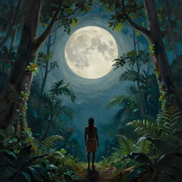 a painting of a full moon over the jungle, small silhouette of an indigenous man, beautiful colors, mysterious atmosphere, symetrical, matte painting, by christophe vacher