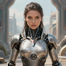 closeup portrait shot of a large strong female biomechanic woman in a scenic scifi environment, intricate, elegant, highly detailed, centered, digital painting, artstation, concept art, smooth, sharp focus, warframe, illustration, hajime sorayama, gil elvgren, clyde caldwell, gerald brom, craig mullins, ferdinand knab