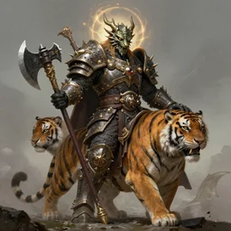 fantasy character portrait, orc king in spiky armor with an aura, wearing a'dragon mask ', sitting on'tiger cavalry ', holding an axe, ultra realistic, wide angle, intricate details, highly detailed by peter mohrbacher, hajime sorayama, wayne barlowe, boris vallejo, aaron horkey, gaston bussiere, craig mullins