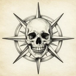 skull over a ship compass with long extended points, like a star, ultra detailed, fine line pen drawing on parchment, symmetrical, stylish