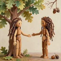 a cinematic portrait of a beautiful female jointed handmade wooden art doll, made of wood, dreadlocks with twigs and branches, reaching out to each other, oak trees, oak leaves, acorns, dendritic, ooak, painting by naoto hattori, trending on artstation, detailed