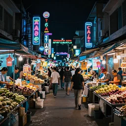 Cyberpunk Market, futuristic Phnom-Penh Cambodia, neon lighting