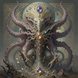 psychedelic organic cthulhu mindflayer, gems jewels, diffuse lighting, fantasy, intricate, elegant, highly detailed, lifelike, photorealistic, digital painting, artstation, illustration, concept art, smooth, sharp focus, art by John Collier and Albert Aublet and Krenz Cushart and Artem Demura and Alphonse Mucha