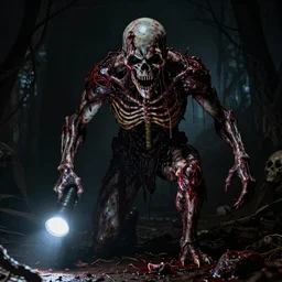 Scary monster in the style of the game Dead Space, scary, nasty, blood, flesh, bones, sinew, dark, scary, depressing, flashlight, fear , realism, realistic photo