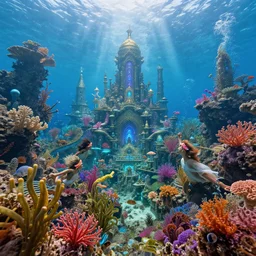a photorealistic detailed image of a beautiful vibrant iridescent underwater seascape of full of colorful aquatic plants and atlantis cityscape, spiritual science, divinity, utopian, by david a. hardy, hana yata, kinkade, lisa frank,