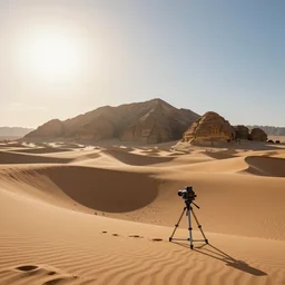 landscape photo of an endless desert, huge sand dunes size of mountains old sand stone ruins, beaming sun, beautiful sky, 5 0 mm, hasselblad, tripod, award winning
