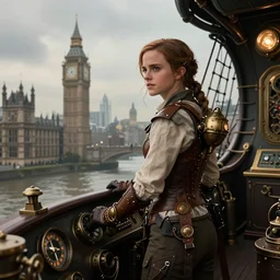 Emma Watson as a steampunk airship pilot standing on the bridge of her airship, looking out over Victorian London, digital steampunk art, trending on ArtStation