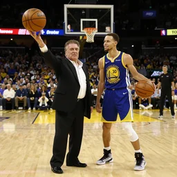 danny devito playing steph curry in a biopic film, basketball, wide shot