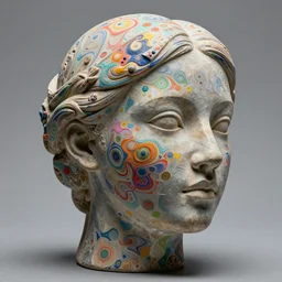 an intricate and extremely detailed sculpture of a female head with a colorful fractal texture