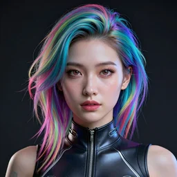 full beautiful bodysuit and vibrant electric Cyberpunk hair, reflections, focus, detailed, realistic eyes, symmetric body features proportions, golden ratio face, intricate facial skin details, award winning, trending in cgsociety artstation deviant art, octane render, by boris Vallejo and Beeple