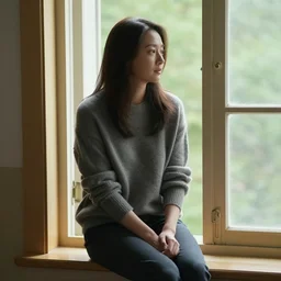a woman sitting on a window sill looking forward out the window, grey sweater, a stock photo by chen jiru, tumblr, aestheticism, movie still, pretty, pixiv