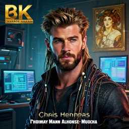 hyperrealist cyberpunk portrait of a young ducktail bearded middle eastern chris hemsworth, it is decorated with long computer wires and computer monitors in the cyberpunk office background. by jeremy mann and alphonse mucha, fantasy art, photo realistic, dynamic lighting, artstation, poster, volumetric lighting, very detailed faces, 4 k, award winning