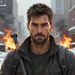 close-up portrait of an cleaner from (Tom Clancy's The Division), (snowy new york in background), fires in background, high detail, digital art, matte painting, trending on artstation, by Tom Garden, by Marek Okon, by Abrar Khan