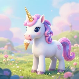 an ultra high definition pastel coloured wildlife photograph of a magic unicorn with a glittery magic horn eating an ice cream in a magical field. refraction, volumetric lighting iridescence.