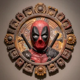 a detailed symmetric aztec portrait of deadpool, mexico, 1 0 0 0 ad, museum item