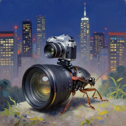 macro lens picture of a small bug carrying a camera on its back, looking at the city skyline at night. painting by dong kingman.