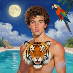 painting portrait of a ( ( ( una tequila ) ) ), ( ( guapo joven nick jonas macho with a tiger head poolside ) ), nubes y magia, la luna, parrot, concept character, by greg rutowski and tezuka and oi and mucha and bierstadt and remington, trending on artstation
