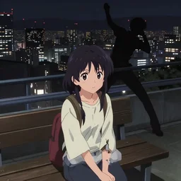 anime frames, anime visual, portrait of a young female traveler sight seeing above the city exterior at night, bench, guardrails, very low light, cute face by ilya kuvshinov and, psycho pass, kyoani, dynamic pose, dynamic perspective, strong silhouette, anime cels, rounded eyes, yoshinari yoh