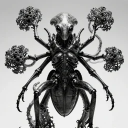 a black and white high quality photo of a strange insectoid alien god with shiny body and mandelbrot fractal vines, dark fantasy, sharp focus, vibrant, vivid, symmetry, highly detailed, cinematic concept art by wlop, tooth wu, greg rutkowski, alena aenami