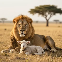 nature photography of a lion laying down next to a lamb laying in a field together, paradise, beautiful, miraculous, magical, stunning, golden ratio, f32, well composed, cohesive