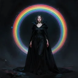 concept art painting of beautiful figure the called the moonbow queen in a black cloak, a rainbow in the dark, colorful, by Michael Whelan, William Adolphe Bouguereau, and Donato Giancola, highly rendered, beautiful, cyberpunk, artstation, extremely moody lighting, glowing light and shadow, atmospheric, shadowy, cinematic, 8K
