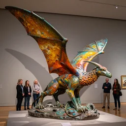 stunning colorful intriguing polished painted massive bronze sculpture of a mythic pterodactyl animal by beth cavener in a museum. painted color fading fradient. with help of ellen jewett, beth cavener, sayaka ganz, edouard martinet, john o'reilly and judith klausner