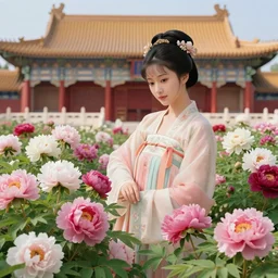 a beautiful picture of peony in full bloom, palace ， a girl in hanfu, by greg rutkowski and thomas kinkade, trending on artstation