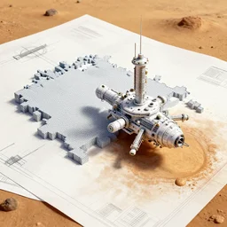a technical blueprint, voxel based world, space mining station on the surface of mars, myriad of interconnected yellow drop pod structures, connected via tubes